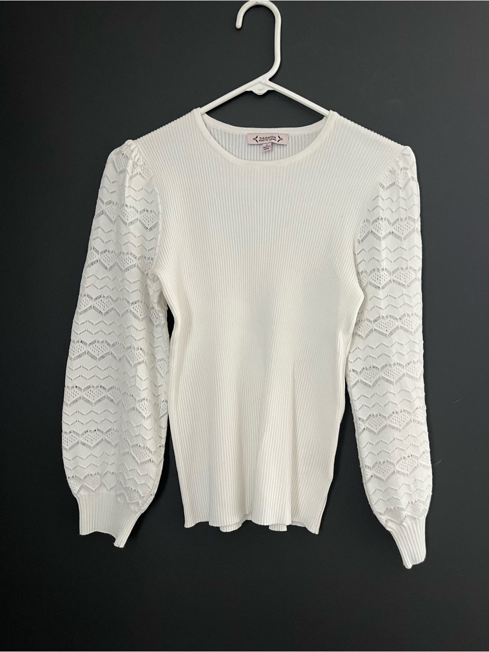 Nanette Lepore White Ribbed Top with Lace Balloon Sleeves